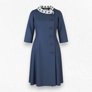 Vintage 1950s Navy Polka Dot Collar Asymmetrical Buttons Flare Dress Size Small